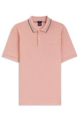 Slim-fit cotton polo shirt with striped collar, light pink