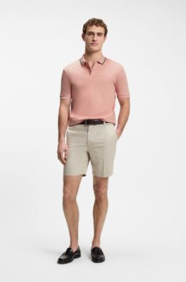 Slim-fit cotton polo shirt with striped collar, light pink