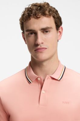 Polo slim fit de algod&oacute;n con cuello a rayas, Rosa claro