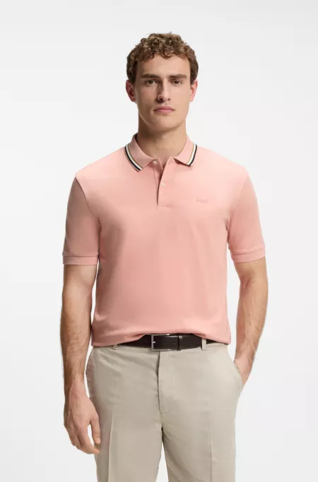 Striped-collar slim-fit polo shirt in cotton with logo