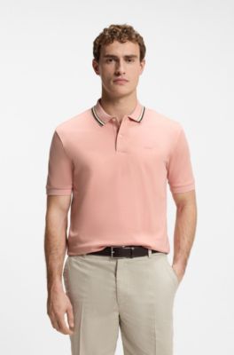 Slim-fit cotton polo shirt with striped collar, light pink