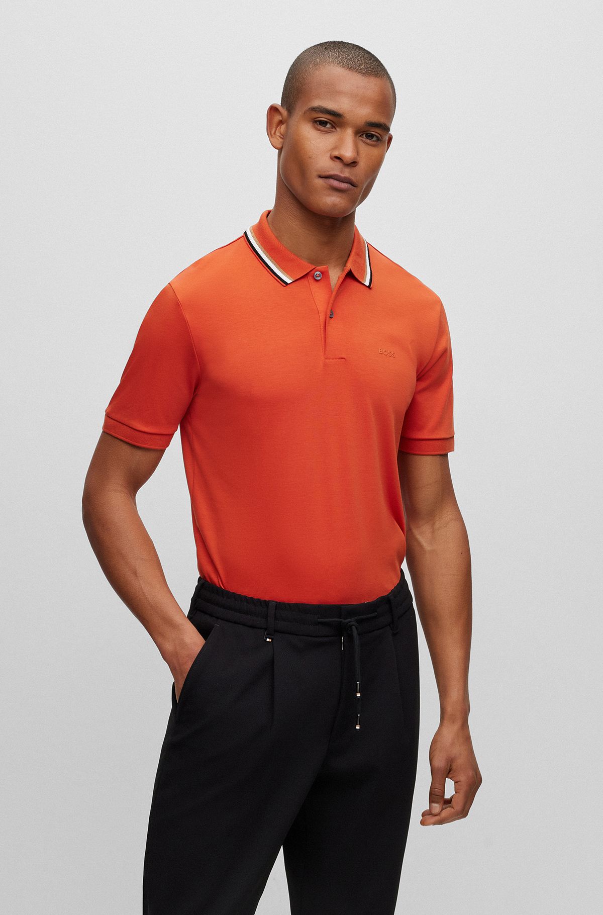Slim-fit polo shirt in cotton with striped collar, Dark Orange