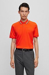 Slim-fit polo shirt in cotton with striped collar, Orange