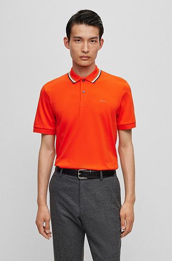 Slim-fit polo shirt in cotton with striped collar, Orange
