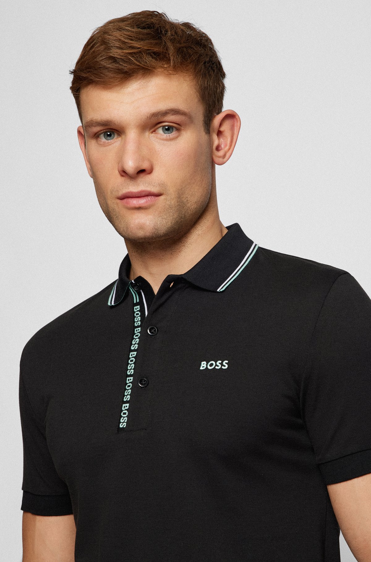 Slim-fit polo shirt with branded placket, Black