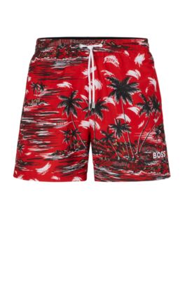 Shop Hugo Boss Seasonal-print Swim Shorts In Quick-drying Fabric In Red
