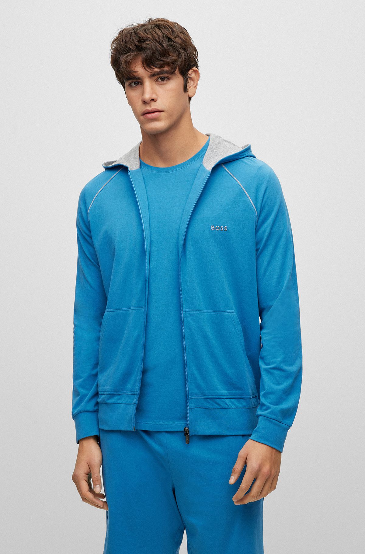 Logo-embroidered hooded loungewear jacket in stretch cotton, Blue