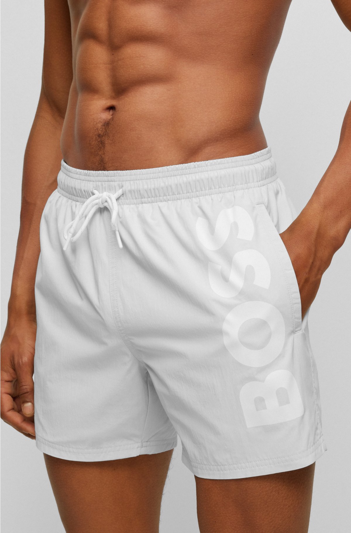 Quick-dry swim shorts with large logo print, Light Grey