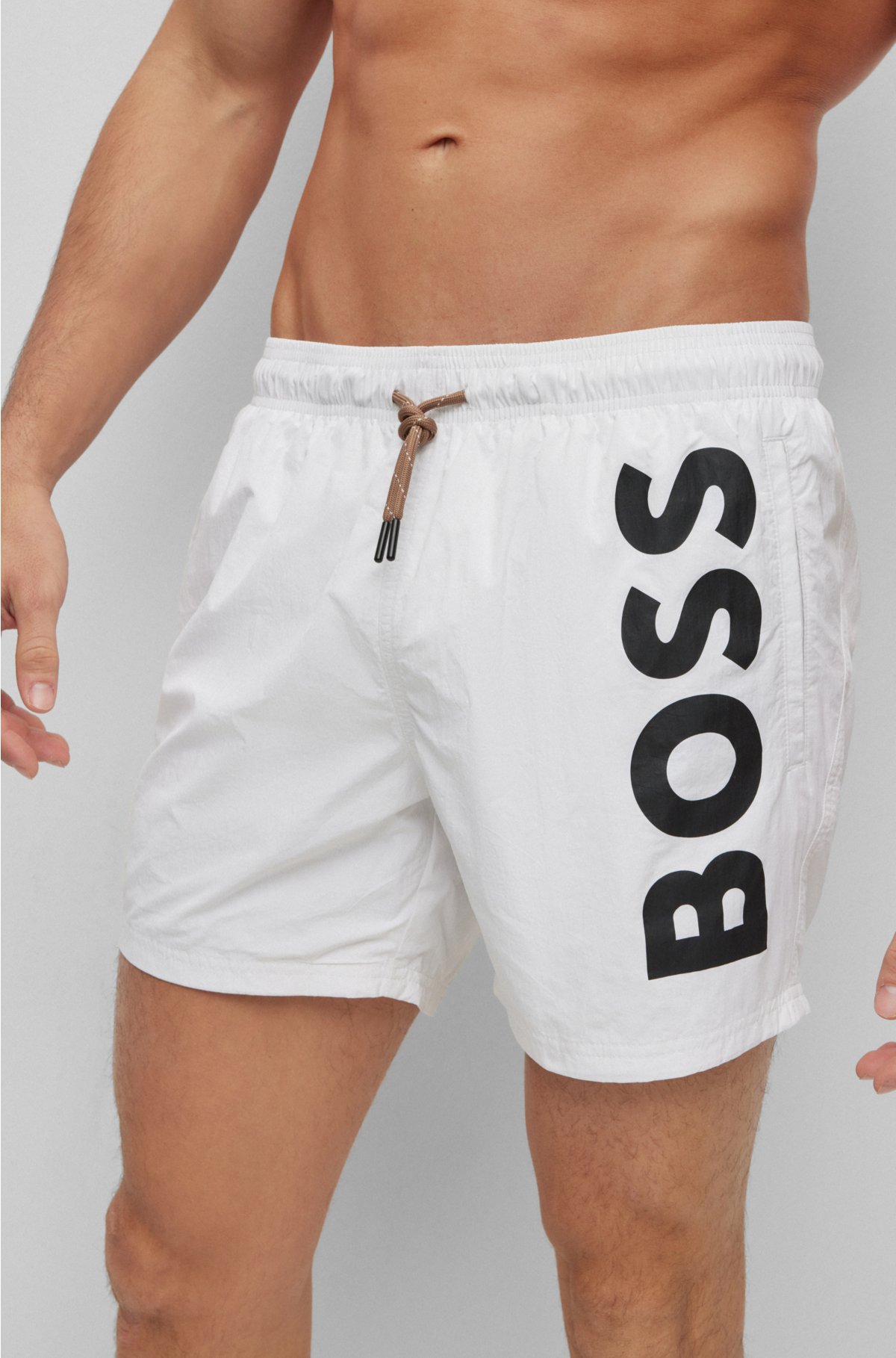 Quick-dry swim shorts with large logo print, White