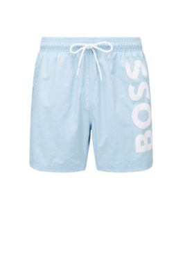 Hugo Boss Quick-dry Swim Shorts With Large Logo Print In Light Blue