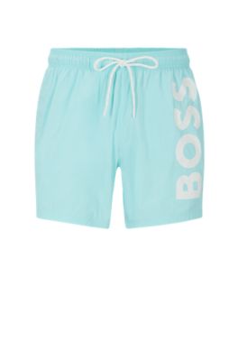 Shop Hugo Boss Quick-dry Swim Shorts With Large Logo Print In Light Blue