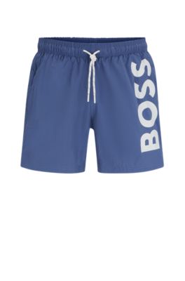 Hugo Boss Quick-dry Swim Shorts With Large Logo Print In Light Blue