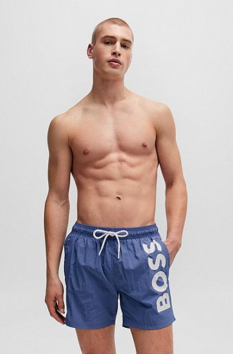 Quick-dry swim shorts with large logo print, Light Blue