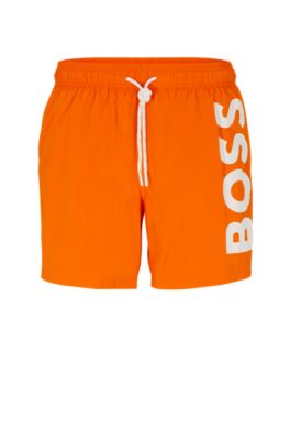 Shop Hugo Boss Quick-dry Swim Shorts With Large Logo Print In Orange