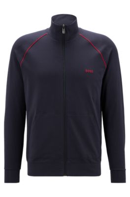 Hugo Boss Zip-up Loungewear Jacket In Stretch Cotton With Logo In Dark Blue