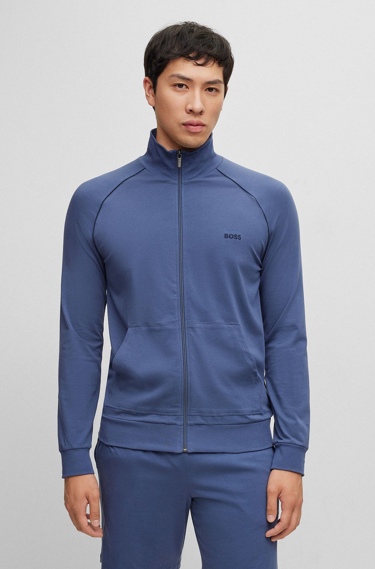 Zip-up loungewear jacket in stretch cotton with logo, Light Blue