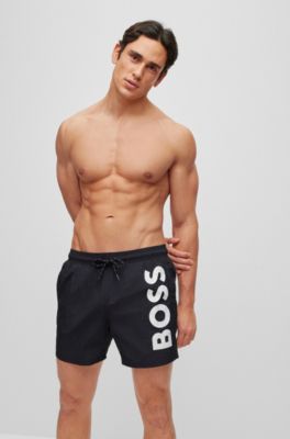 Hugo Boss Quick-drying Swim Shorts With Contrast Logo In Black
