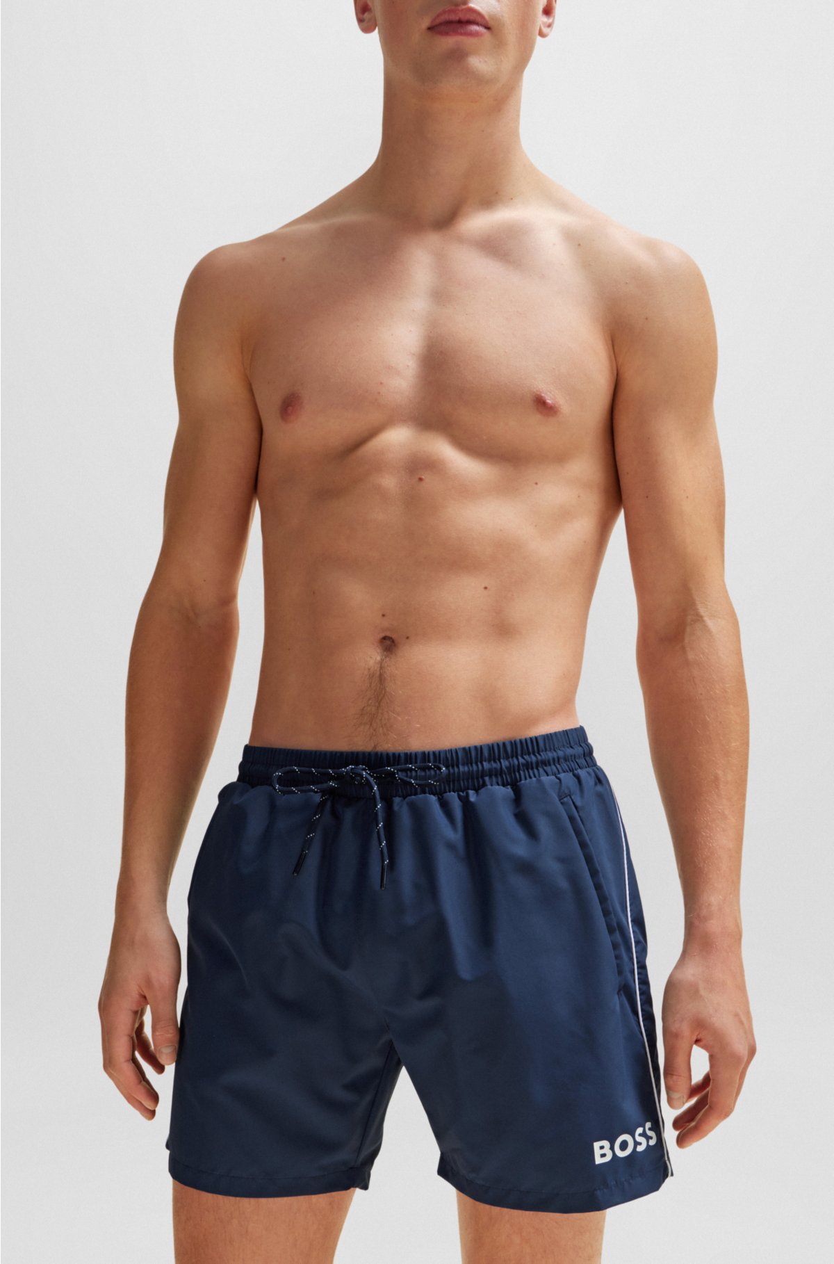 Quick-drying swim shorts with logo and piping, Dark Blue