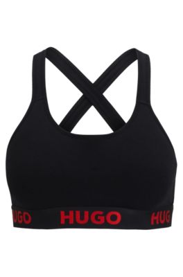 Bralette de espalda cruzada de algod&oacute;n el&aacute;stico con cinta de logos, Negro
