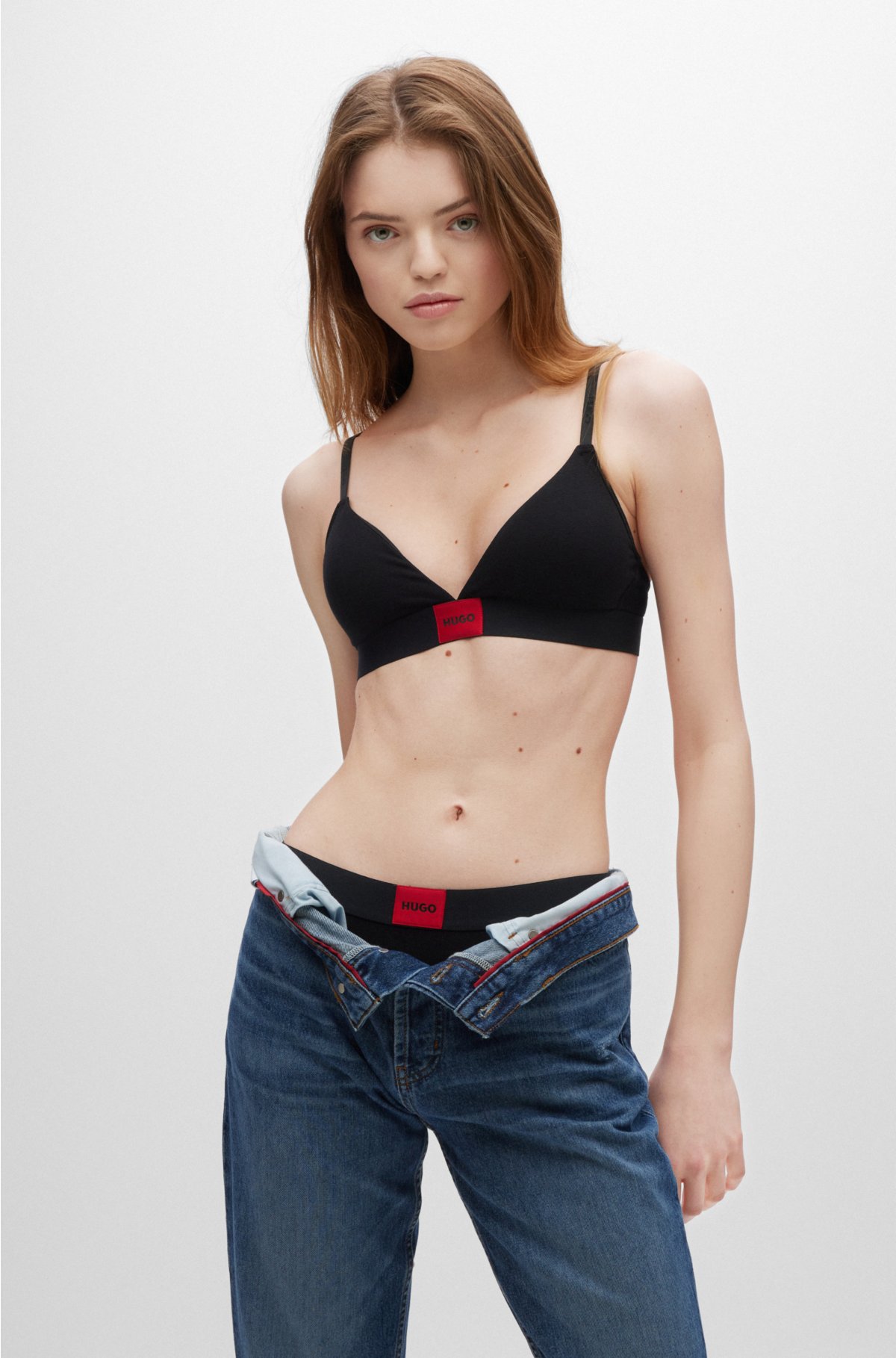 HUGO - Lace triangle bra with contrast branded trims