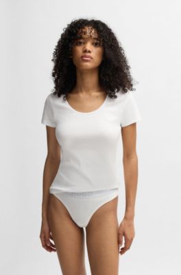 Tanga de algod&oacute;n el&aacute;stico con logo en la cintura, Blanco