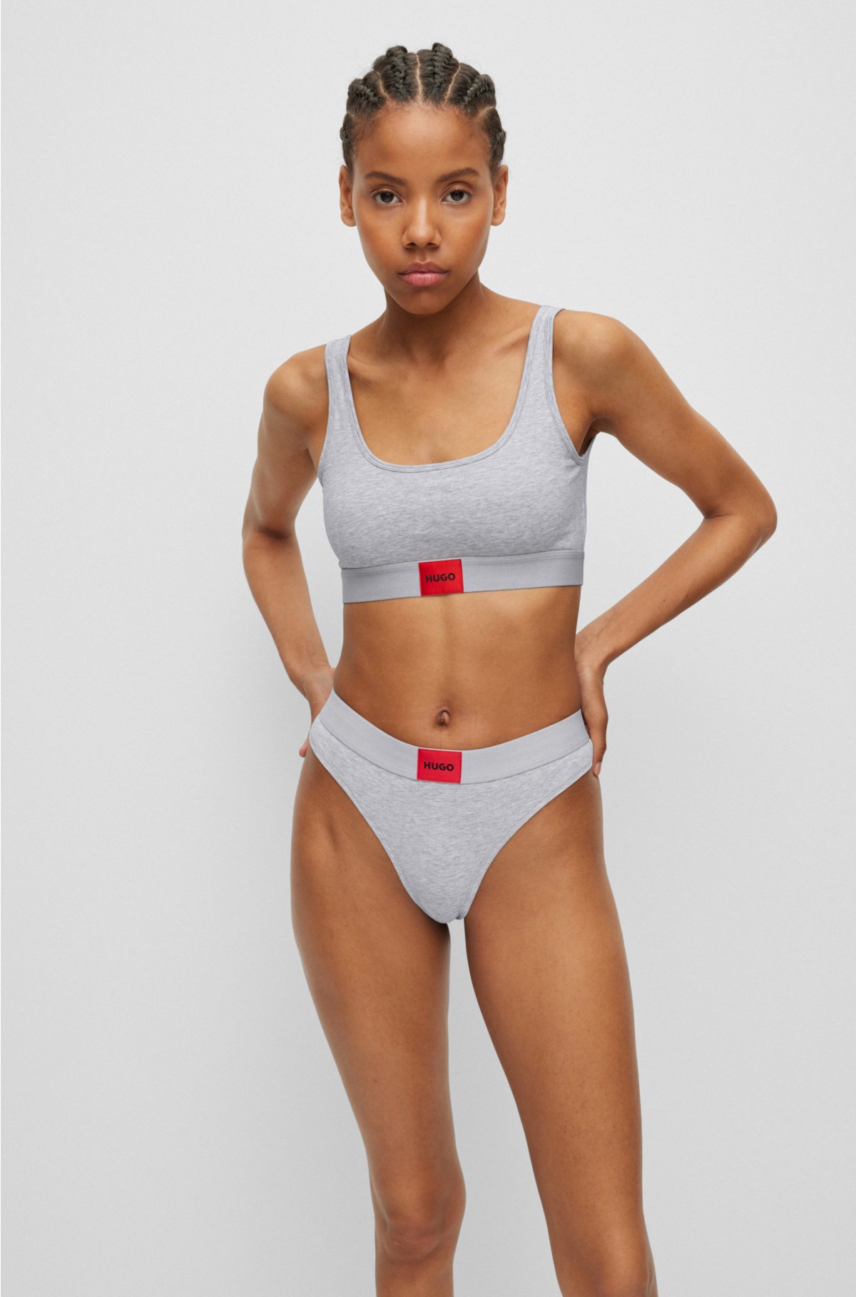 HUGO - Stretch-cotton thong with red logo label