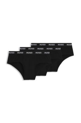 Paquete de tres calzoncillos slip de algod&oacute;n el&aacute;stico con logos en la cintura, Negro