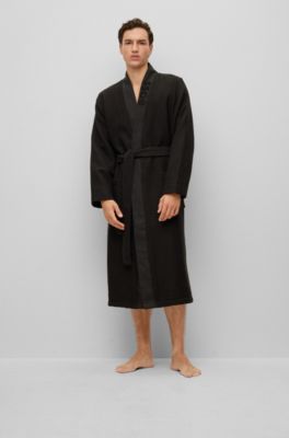 Embroidered-logo dressing gown in waffle fabric, Black