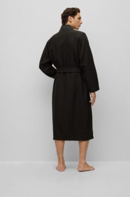 Embroidered-logo dressing gown in waffle fabric, Black
