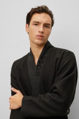 Embroidered-logo dressing gown in waffle fabric, Black