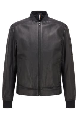 BOSS - Slim-fit leather jacket with ribbed trims