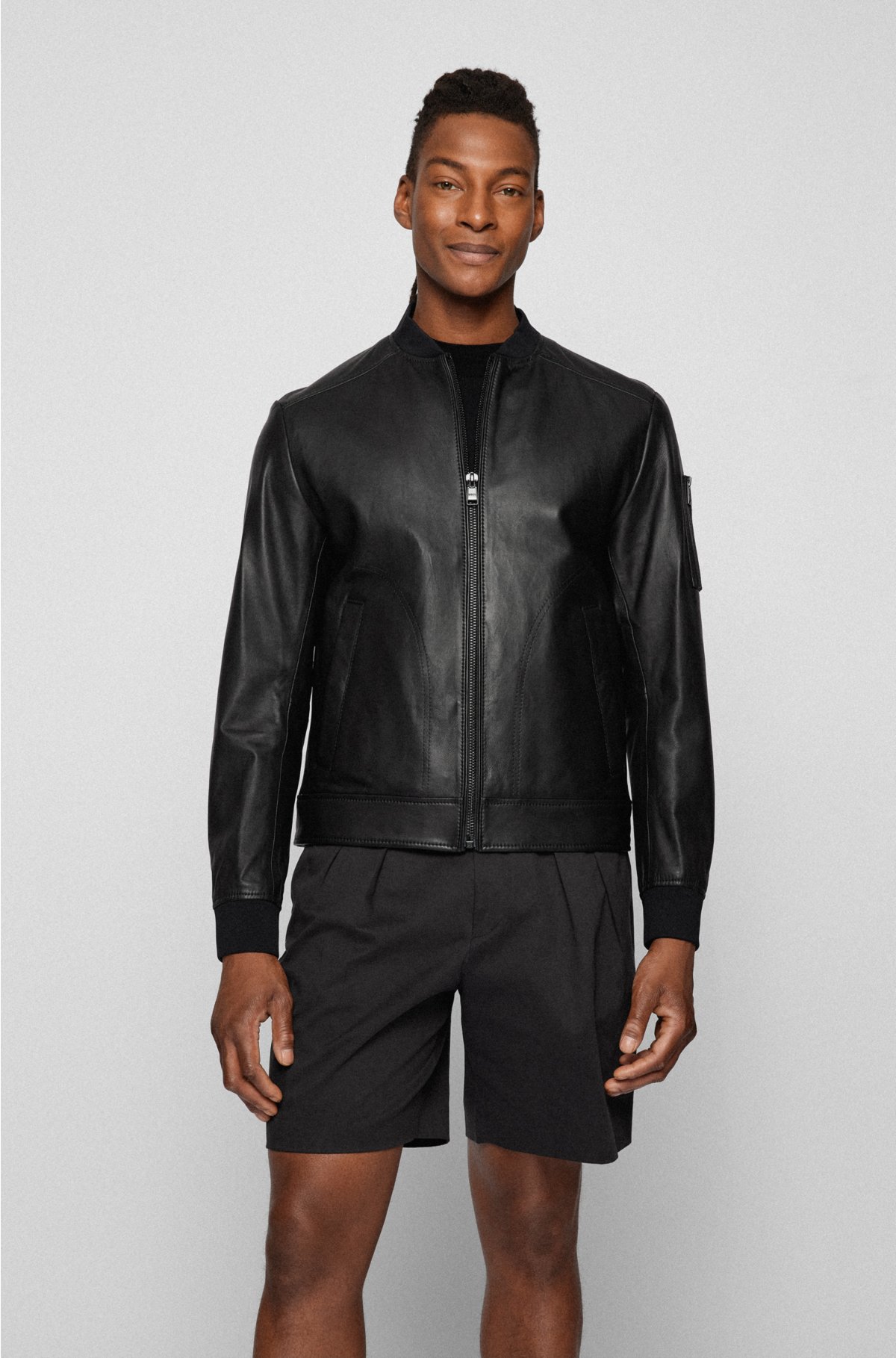 BOSS - Slim-fit leather jacket with ribbed trims