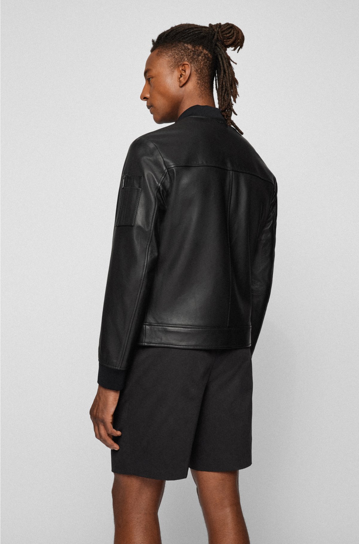 genstand I første omgang End BOSS - Slim-fit leather jacket with ribbed trims