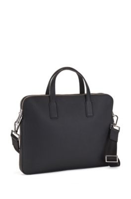 Zipped document case in Italian leather with embossed logo, Black