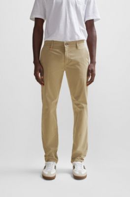 Slim-fit trousers in stretch-cotton satin, Light Brown
