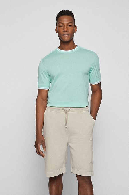 Mercerised-cotton regular-fit sweater with striped trims, Light Green