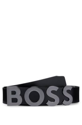 Italian-leather belt with logo plaque buckle, Black