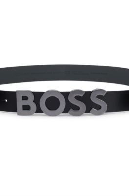 Italian-leather belt with logo plaque buckle, Black