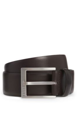 Squared-buckle belt in Italian leather, Dark Brown