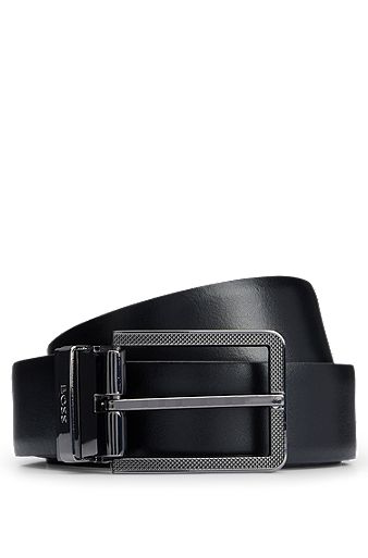 Reversible Italian-leather belt with milled buckle, Black
