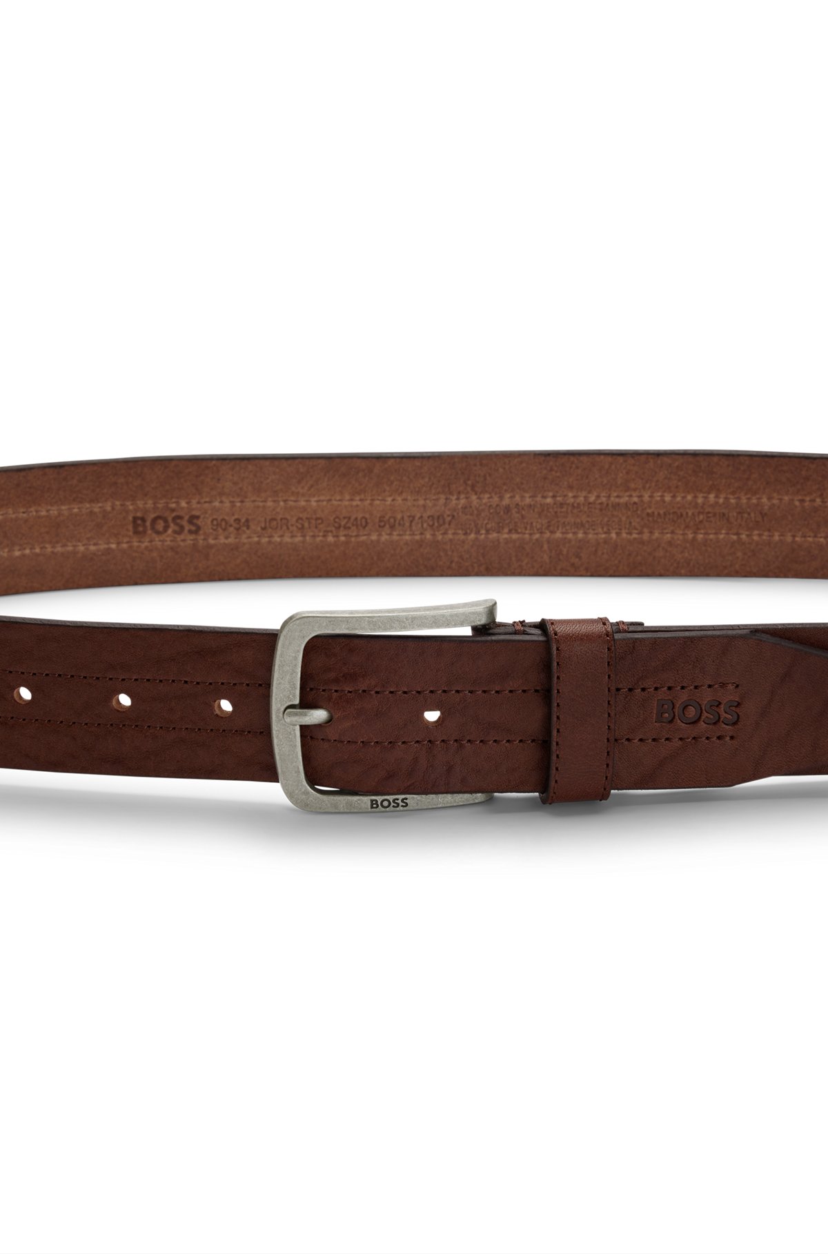 Italian-leather belt with stitching detail, Dark Brown