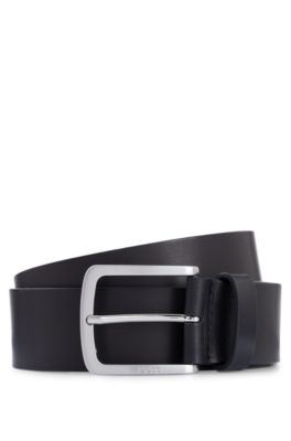 Ceinture en cuir italien avec boucle &agrave; logo grav&eacute;, Noir