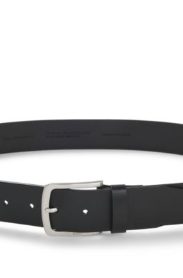 Ceinture en cuir italien avec boucle &agrave; logo grav&eacute;, Noir