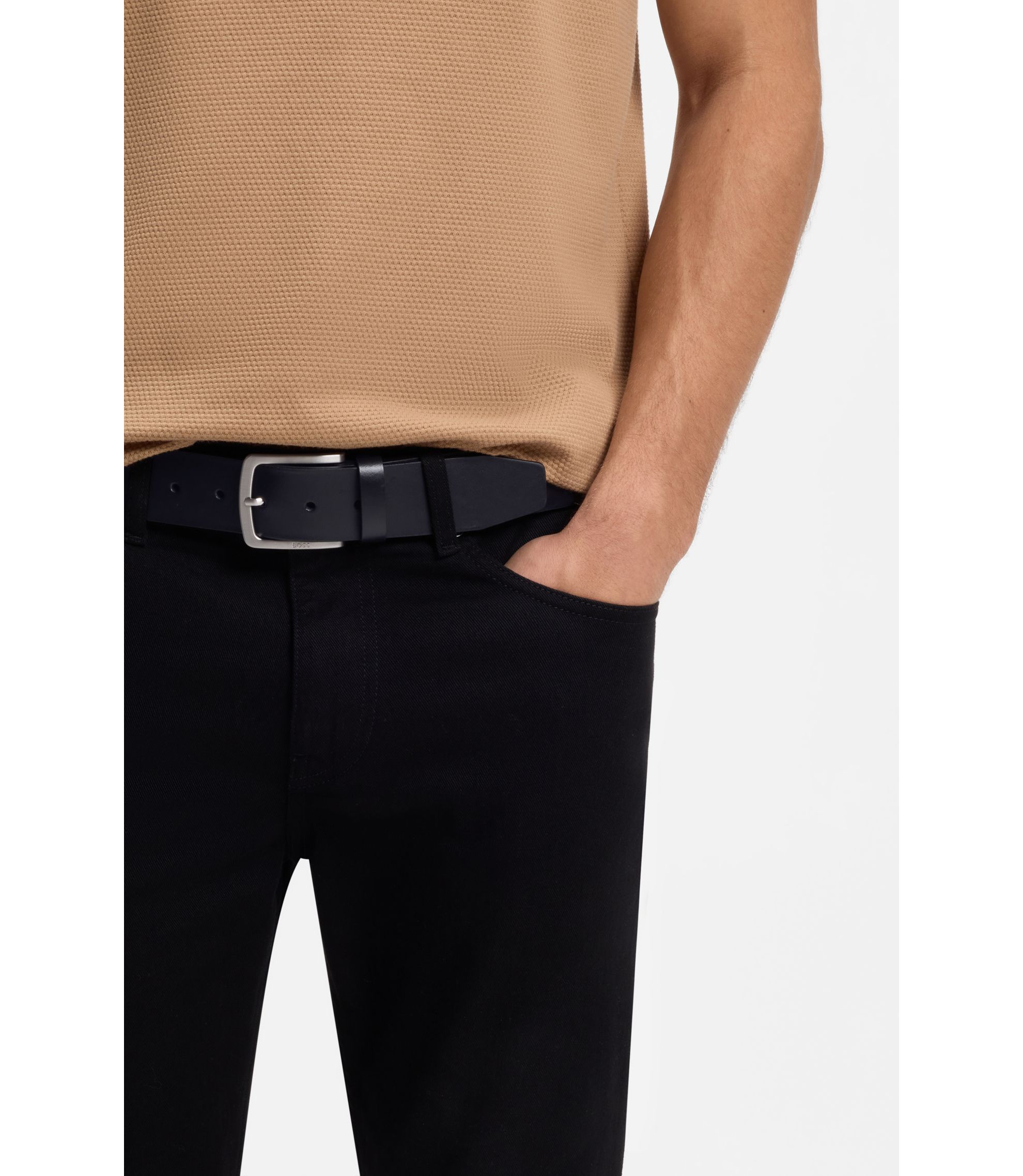 BOSS - Italian-leather belt with logo-engraved buckle - Black