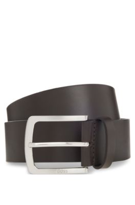 Ceinture en cuir italien avec boucle &agrave; logo grav&eacute;, Marron fonc&eacute;