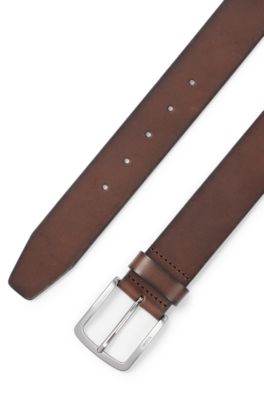 Ceinture en cuir italien avec boucle &agrave; logo grav&eacute;, Marron fonc&eacute;