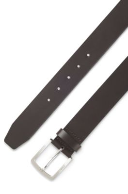 Ceinture en cuir italien avec boucle &agrave; logo grav&eacute;, Marron fonc&eacute;