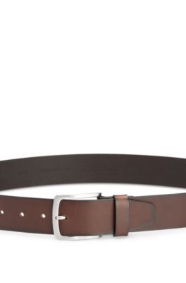 Ceinture en cuir italien avec boucle &agrave; logo grav&eacute;, Marron fonc&eacute;