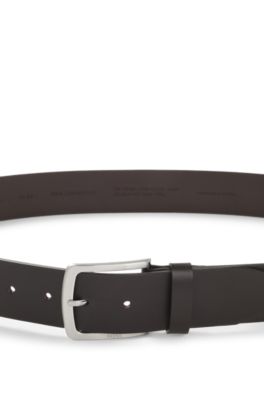 Ceinture en cuir italien avec boucle &agrave; logo grav&eacute;, Marron fonc&eacute;