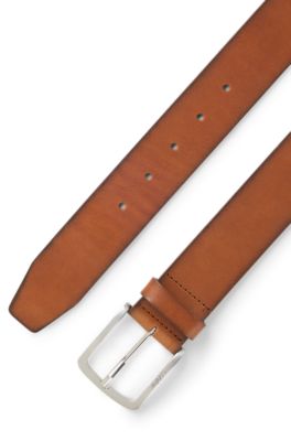 Ceinture en cuir italien avec boucle &agrave; logo grav&eacute;, Marron